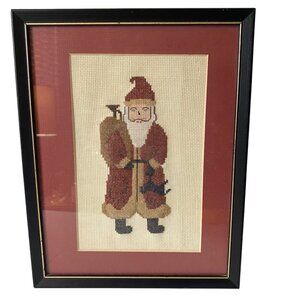 Vintage Handmade Framed Old Fashioned Santa Cross Stitch Art Black Frame Red Mat